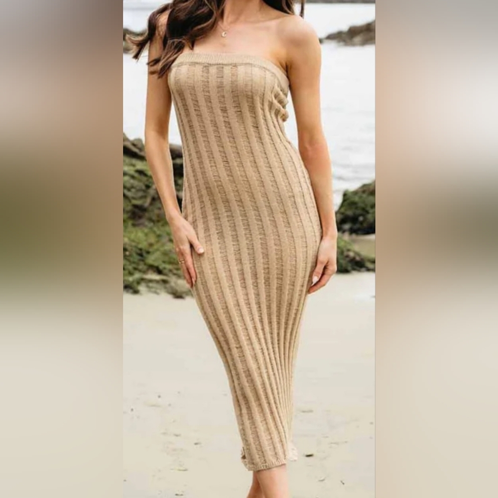 Sleeveless Ribbed Knit Bodycon Dress - Tan
